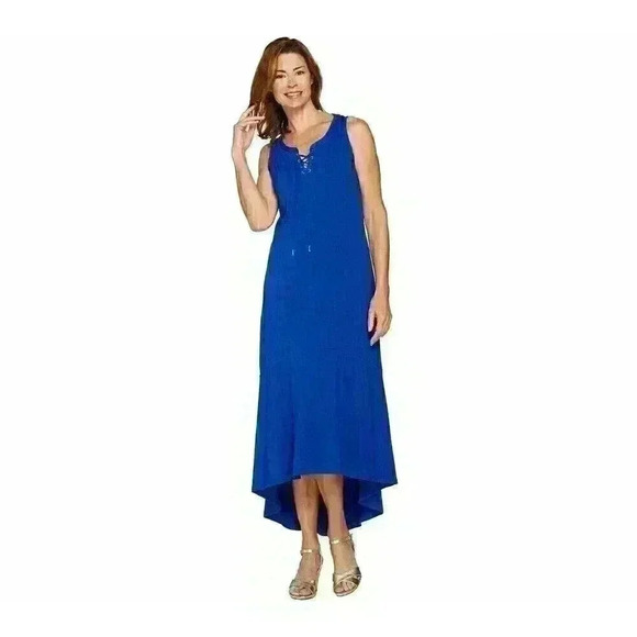 NWT Isaac Mizrahi Live! Regular Lace-Up Neck Hi-low Hem Ink Blue Maxi Dress Sz S - Picture 1 of 7